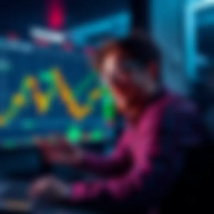 Trader profiting from crypto decline A trader celebrating a financial win while looking at dropping Bitcoin and Ethereum charts on a computer screen