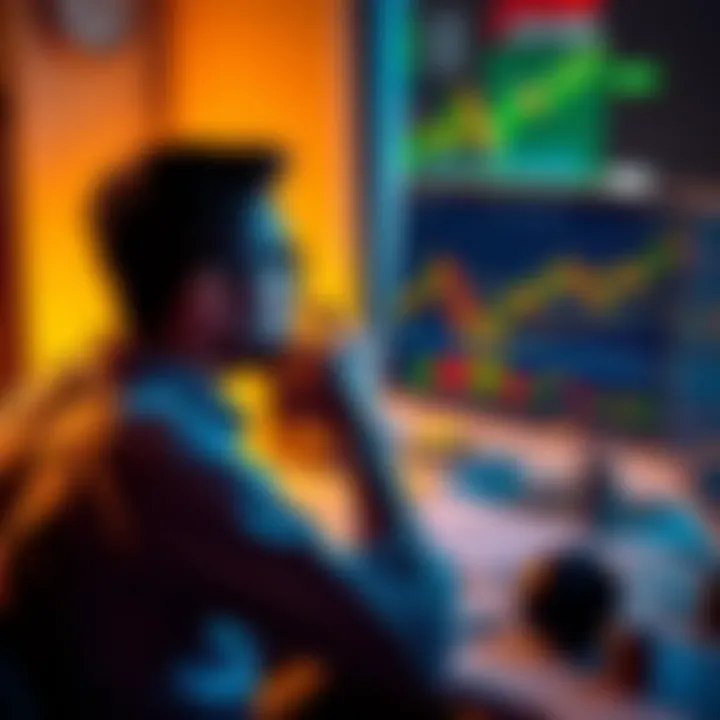 A trader sits at a desk with charts and graphs, looking contemplatively at a computer screen displaying cryptocurrency prices, symbolizing the ups and downs of trading.