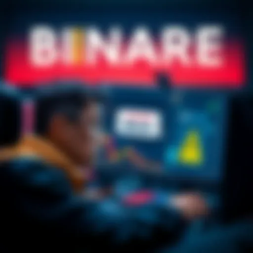 A worried trader looking at a computer screen displaying Binance with a warning sign about using the max button