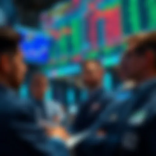 A group of traders watching stock market charts on screens, discussing buying and selling strategies as market prices shift.