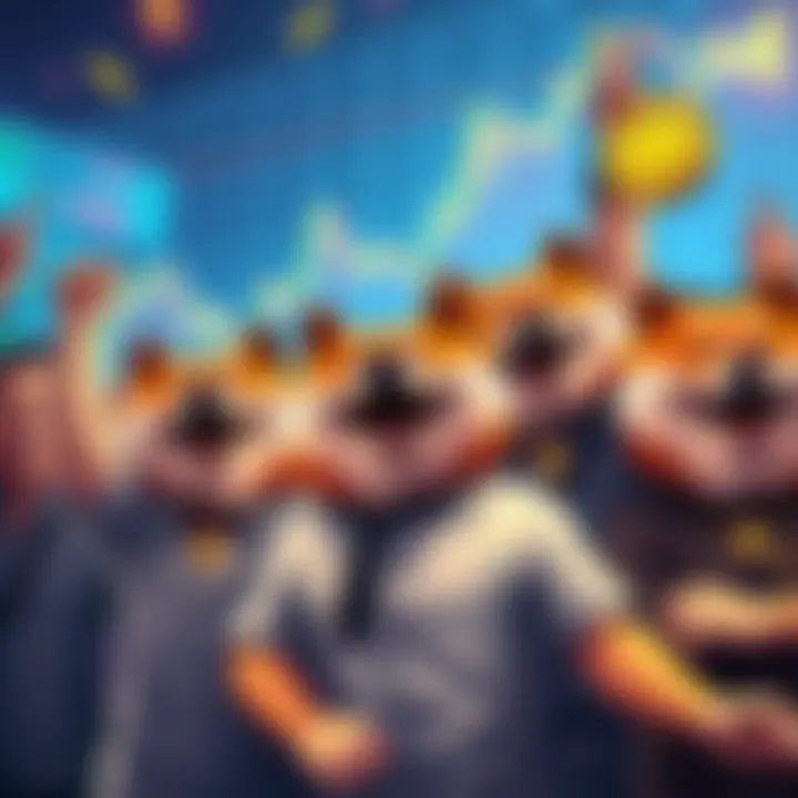 A group of happy crypto traders celebrating their profits from Fart Shiba Doge Inu Coin, with graphs showing rising values in the background