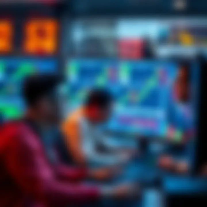 A group of traders focusing on 3-month charts on a computer screen, discussing strategies.