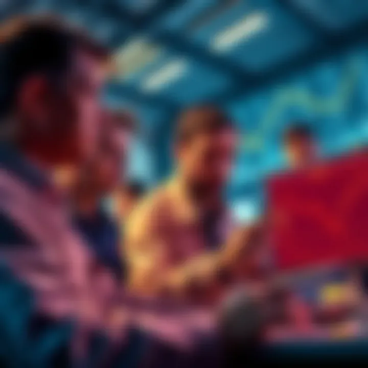 Traders Analyzing Pi Trends Group of traders looking at charts and graphs showing Pi's potential drop to 0.1000, with expressions of concern and discussion
