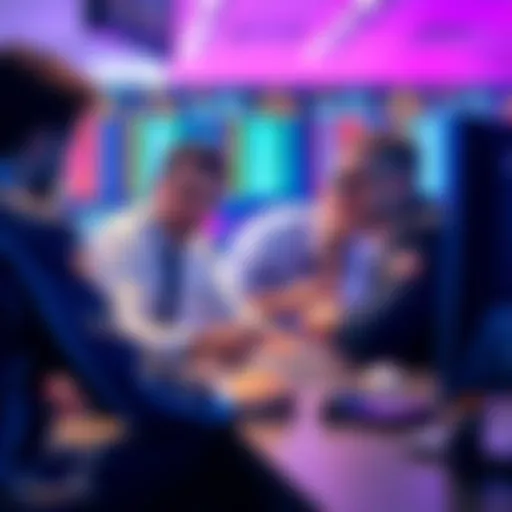 A group of experienced traders discussing strategies with a newcomer at a trading desk.