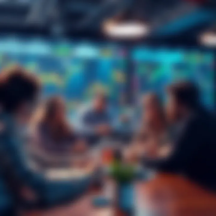 A group of people engaged in a lively discussion about trading strategies and market analysis with charts and graphs in the background.