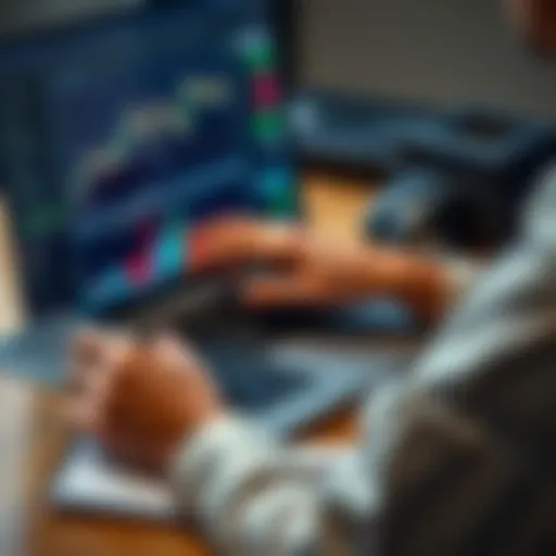 A person analyzing trading charts and graphs on a laptop with a calculator and notepad, representing a serious approach to trading.