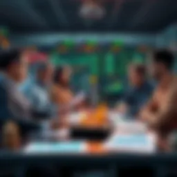 A group of traders sharing insights and strategies around a table with charts and graphs in front of them