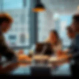 A group of people discussing trading strategies at a table with laptops and notebooks