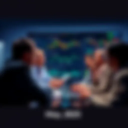 A diverse group of people engaged in a lively discussion about trading strategies and daily events, with charts and graphs on a screen in the background.