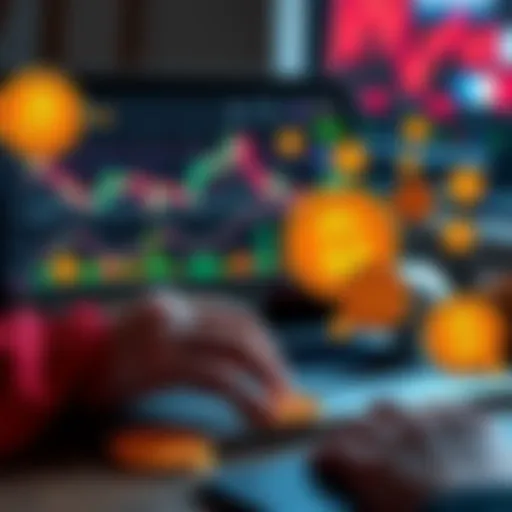 A person analyzing cryptocurrency charts on a laptop, with DOGE coins and meme graphics around them.
