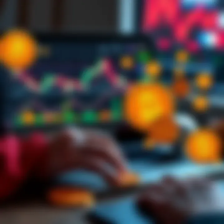 A person analyzing cryptocurrency charts on a laptop, with DOGE coins and meme graphics around them.