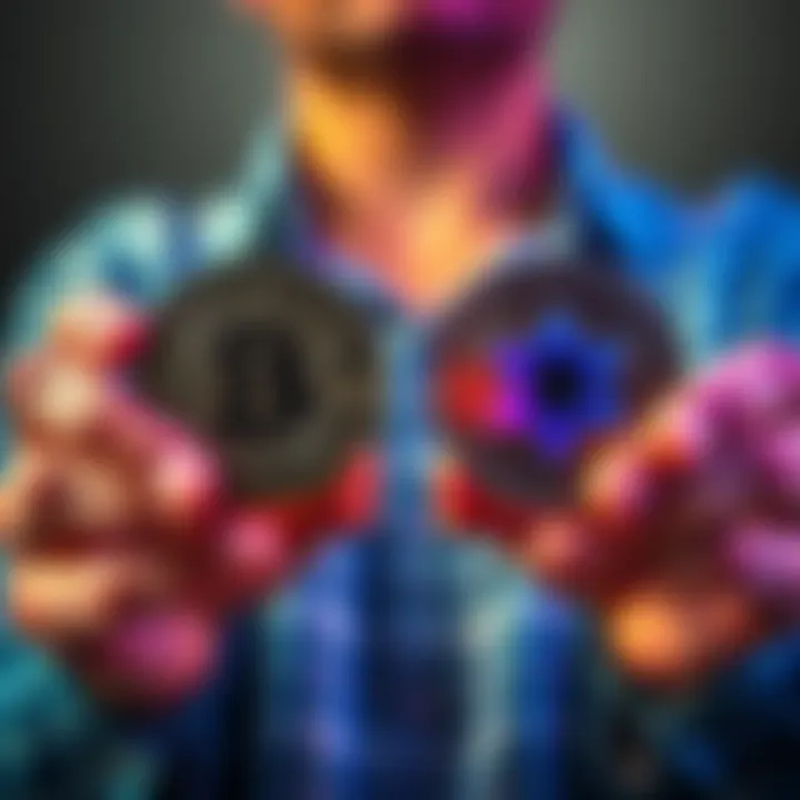 A person holding two digital currencies, Kaspa on one side and Nano on the other, showcasing a decision to switch investment