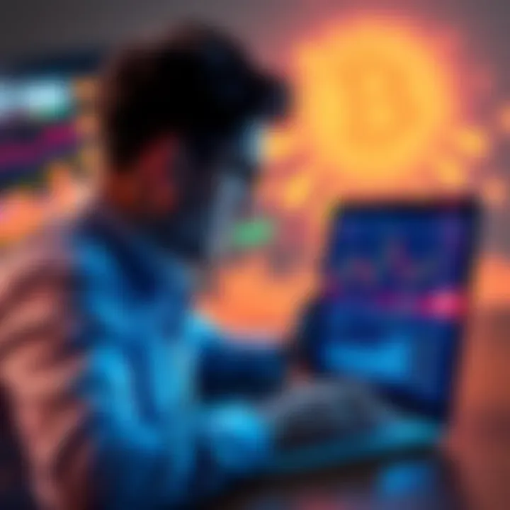 A person analyzing charts and graphs related to meme coins on a laptop, with colorful digital currency icons in the background.