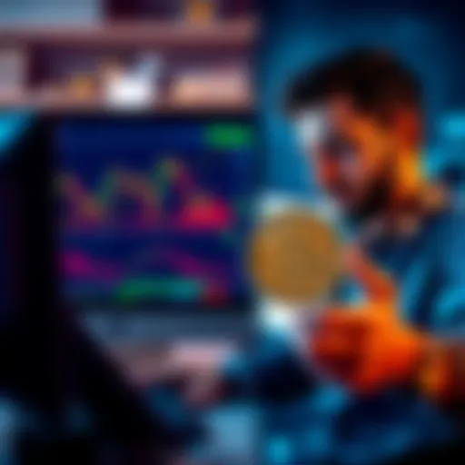 A split screen showing a person trading on a computer and another person holding a cryptocurrency coin with a thoughtful expression.