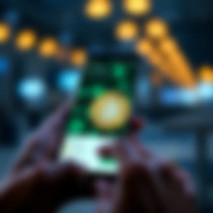 A person using a smartphone to transfer Bitcoin from Cash App to Coinbase, showing the app interface and a Bitcoin symbol.
