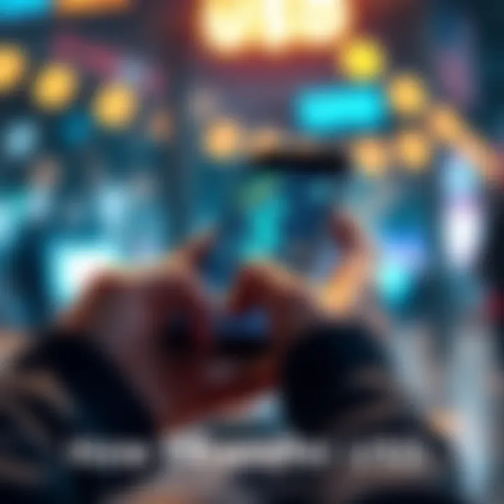 A person using a smartphone to transfer USD internationally through a cryptocurrency app, showing dollar signs and digital currency symbols on the screen.