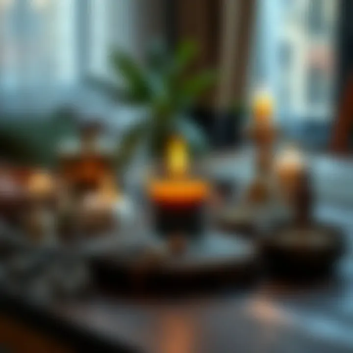 A lit god candle surrounded by decorative elements and natural materials