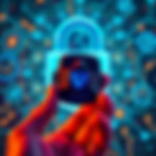 A person holding the Trezor 7 crypto wallet with a secure lock symbol in the background, representing enhanced safety for cryptocurrencies.