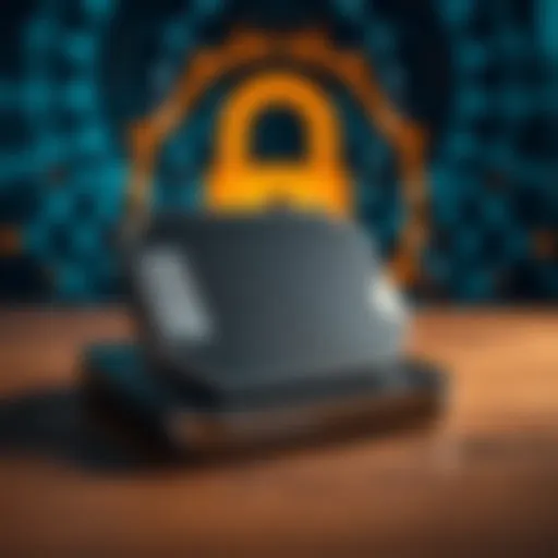 A Trezor 1 hardware wallet resting on a wooden table with a digital security lock graphic in the background