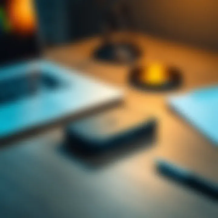Trezor Model One cryptocurrency wallet placed on a wooden desk next to a laptop and a notepad