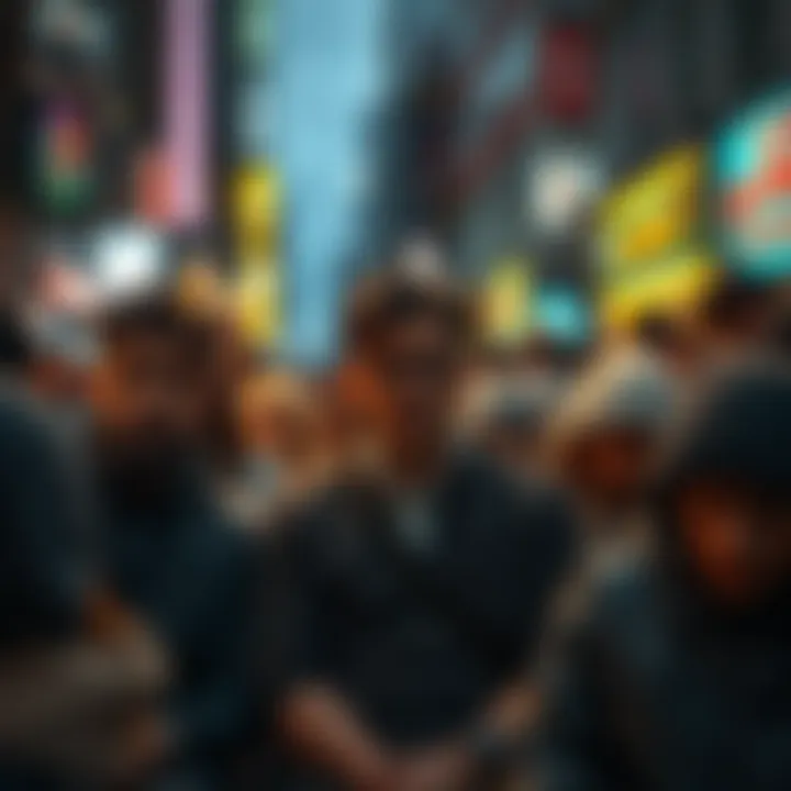 A group of people with sad expressions, sitting in a crowded urban area, highlighting the decline of human connection.