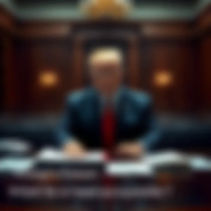 Donald Trump sitting in a courtroom with legal documents around him, reflecting on his potential legal issues