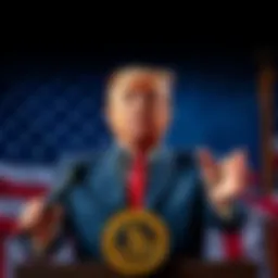 President Trump making a bold declaration about the U.S. becoming the Crypto Capital of the World with cryptocurrency symbols in the background