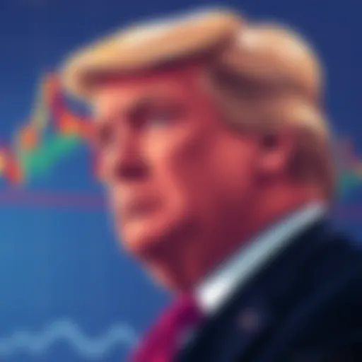 Illustration of President Trump looking at Jerome Powell with financial charts in the background, symbolizing the impact on the crypto market.