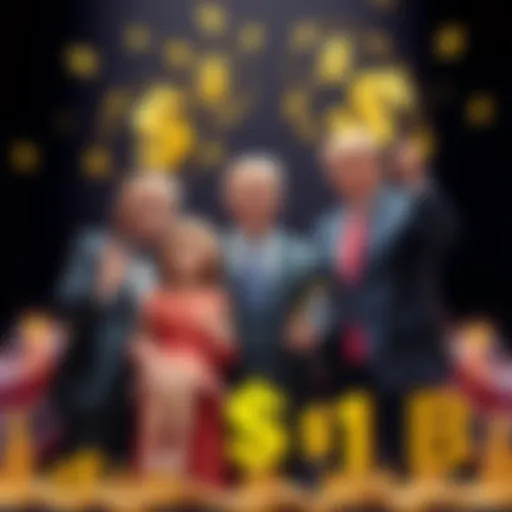 Donald Trump and his family celebrating a financial milestone with cryptocurrency symbols and dollar signs in the background
