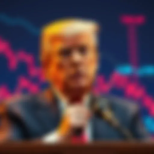 President Trump speaking about tariffs, with a backdrop of stock market graphs showing a decline and recovery