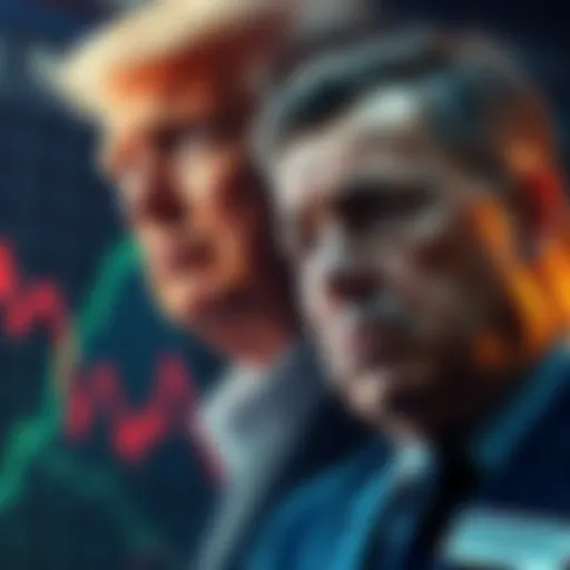 A graph showing fluctuating market trends alongside a portrait of President Trump with a concerned trader in the foreground.