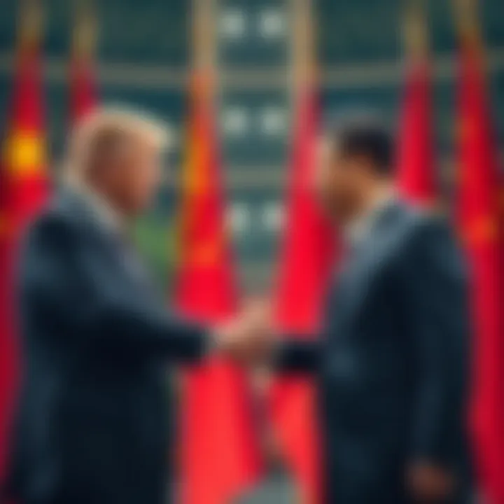 President Trump shakes hands with Xi Jinping in front of flags, symbolizing a summit announcement