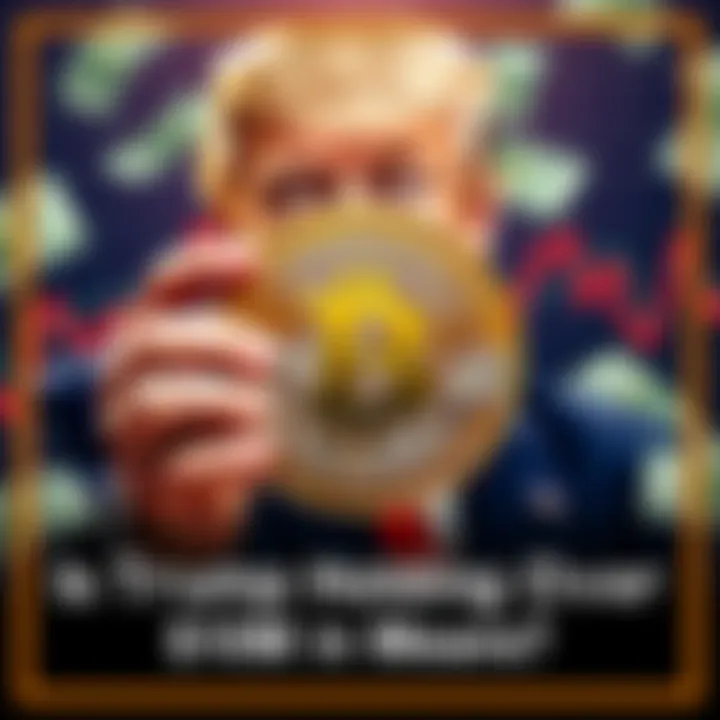 Former President Trump holding a Bitcoin symbol in front of a graph showing rising values, with dollar bills around him
