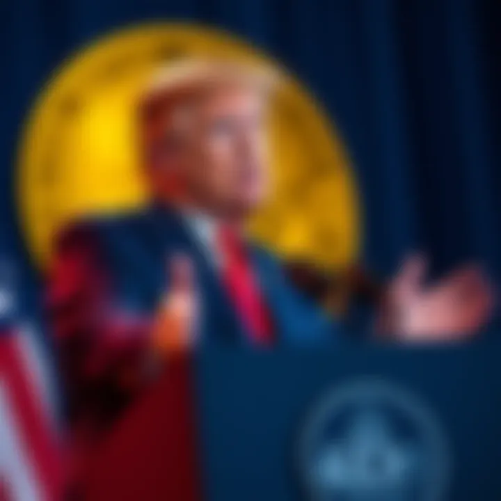 President Trump speaking at a podium about Bitcoin inclusion in retirement plans with a Bitcoin symbol in the background
