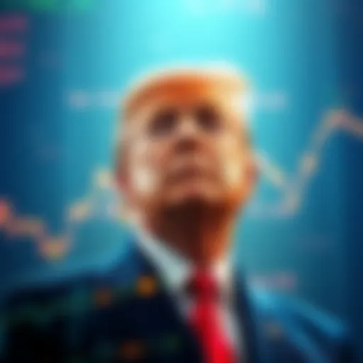 A graphic showing fluctuating cryptocurrency prices with an image of President Trump and a blue chip symbol to represent the announcement's effects on market trends.