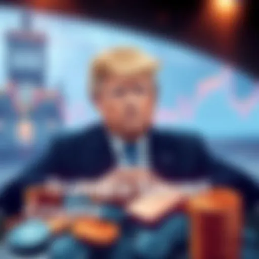 An illustration of a person resembling President Trump overseeing a financial scene with cryptocurrency coins and graphs.