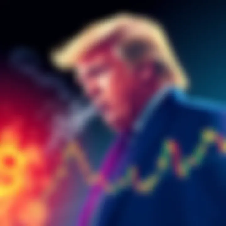 Trump's Impact on Crypto A graphic illustration showing a representation of President Trump with a sneeze causing a downward trend in cryptocurrency values on a chart.