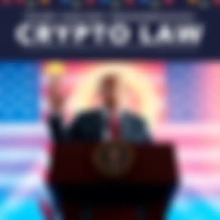 President Trump standing at a podium, announcing a new cryptocurrency law aimed at boosting U.S. economic dominance in the digital currency market.
