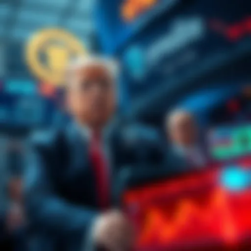 President Trump speaking about a new crypto reserve plan, with traders reacting to market changes in the background.