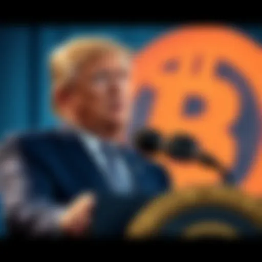 President Trump speaking at a podium with a bitcoin symbol in the background