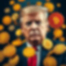Donald Trump surrounded by various cryptocurrency symbols, expressing concern about a controversial crypto scheme.