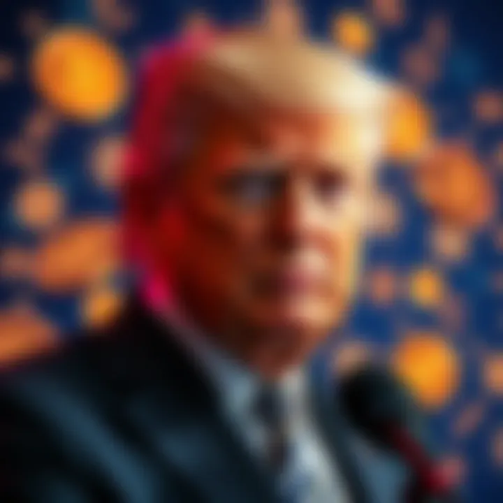 President Trump announces support for tax exemption on small bitcoin and crypto transactions, with a backdrop of digital currency symbols.