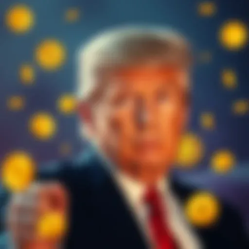 Donald Trump with cryptocurrency symbols, representing his political gain against the American economy