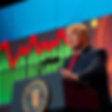 Trump Defends China Tariffs President Trump speaking at a podium, highlighting his defense of China tariffs during a press conference, with a backdrop showing a downward trend in cryptocurrency values.
