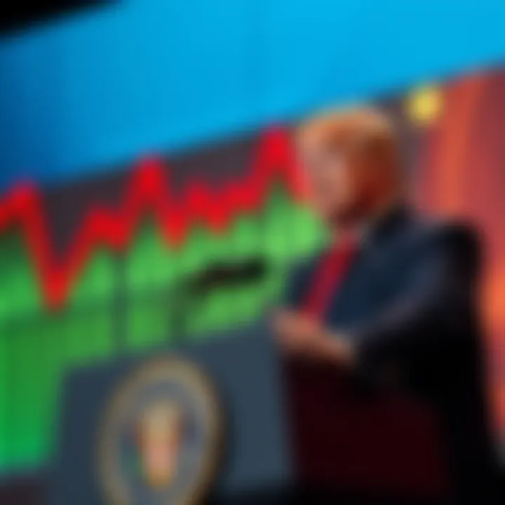 Trump Defends China Tariffs President Trump speaking at a podium, highlighting his defense of China tariffs during a press conference, with a backdrop showing a downward trend in cryptocurrency values.