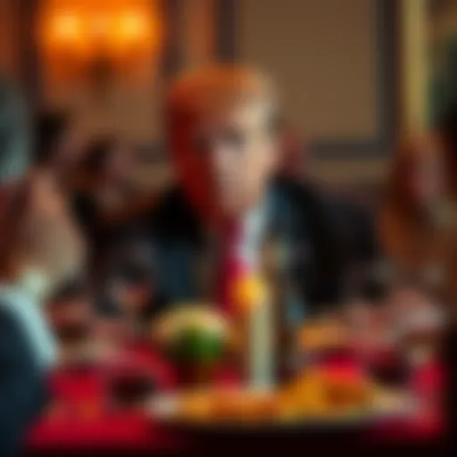 A guest at Trump’s dinner expressing dissatisfaction with food and speech, looking frustrated at the table.