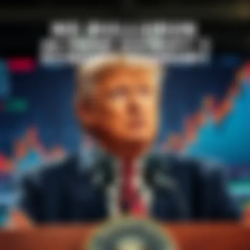 President Trump addressing the media about the economy, with a backdrop of stock market graphs and financial news headlines