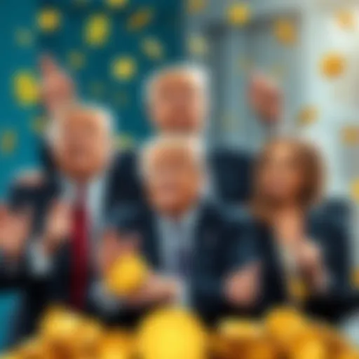 Donald Trump and family celebrating their financial success from cryptocurrency ventures, with dollar signs and crypto symbols around them.