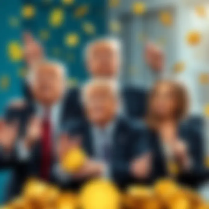 Donald Trump and family celebrating their financial success from cryptocurrency ventures, with dollar signs and crypto symbols around them.