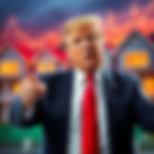 Trump gestures while discussing the housing crisis, with a backdrop of homes and economic graphs.